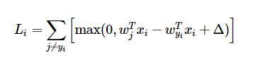 Li=∑j≠yi[max(0,wTjxi−wTyixi+Δ)]