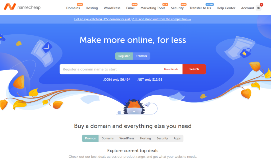 The neamecheap domain search page.