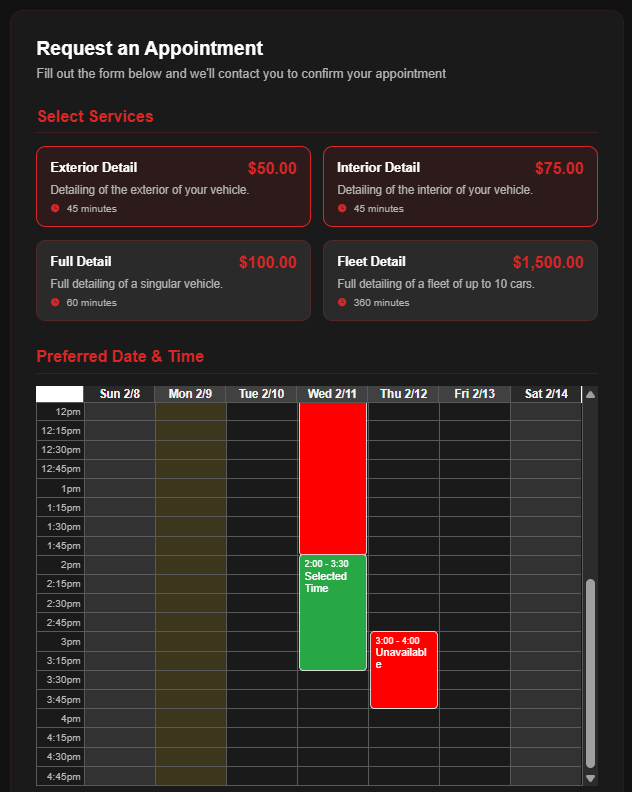Services and preferred date and time inputs for xeleratedetailing.com