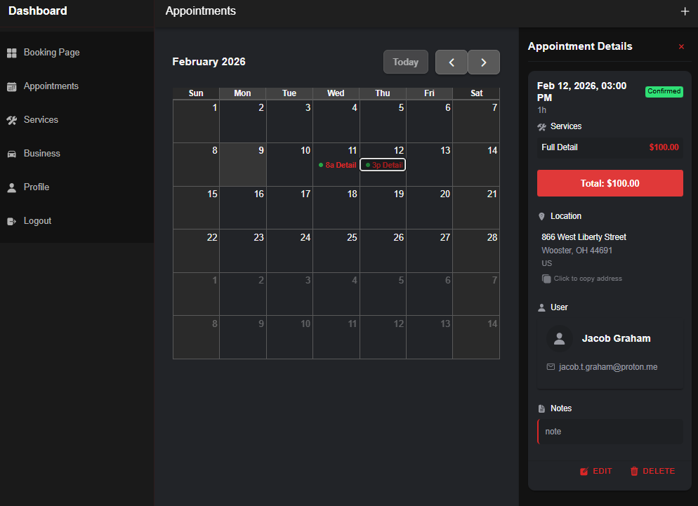 Appointment management page on xeleratedetailing.com