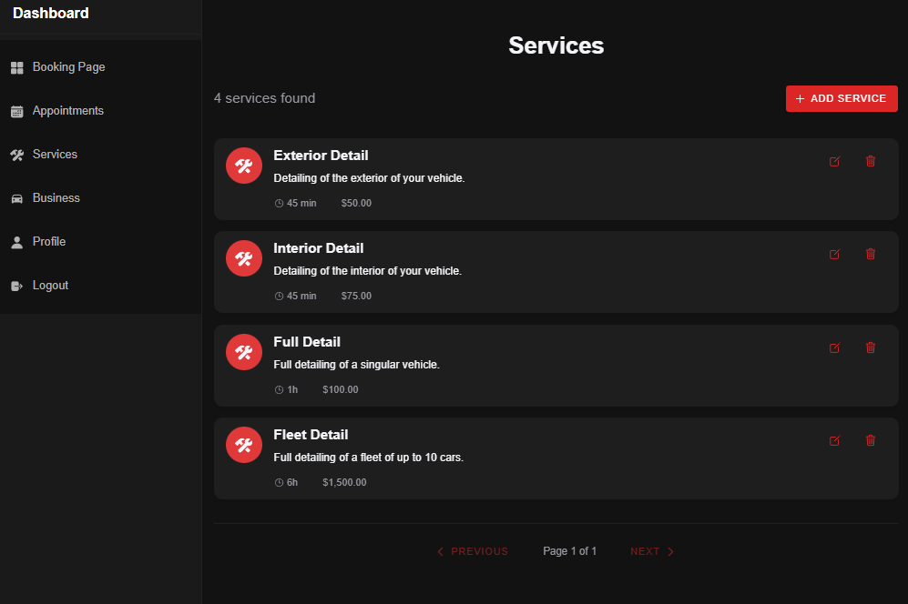 Services management page on xeleratedetailing.com