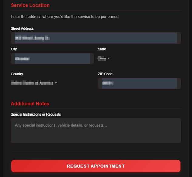Location and notes inputs for xeleratedetailing.com