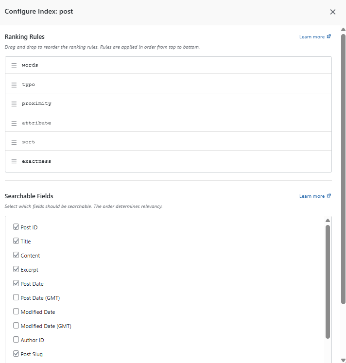 The interface for updating ranking rules and searchable fields.