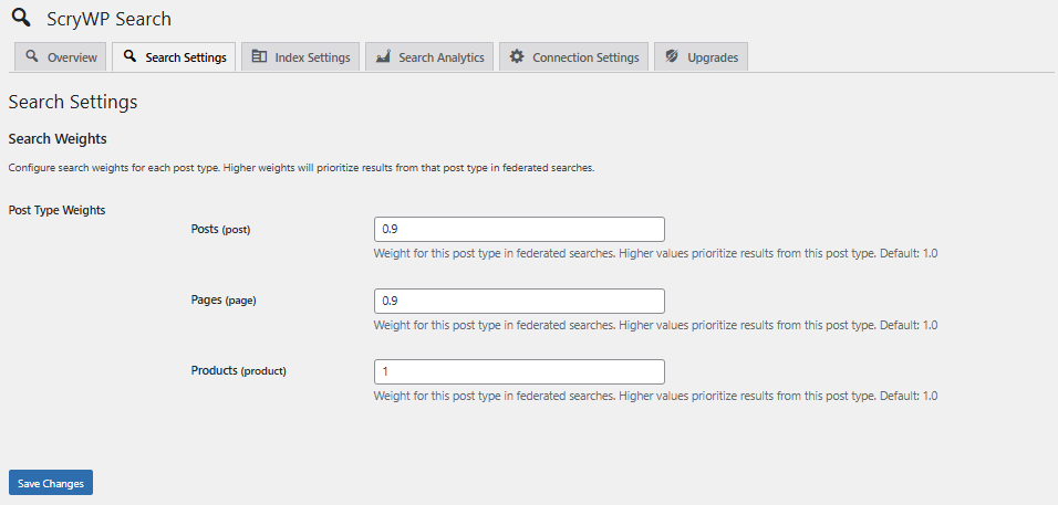 The search weights input, to control the weights applied to different post types.