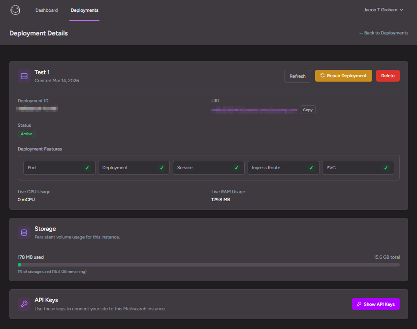 The screen used to configure managed Meilisearch deployments from scrywp.com.