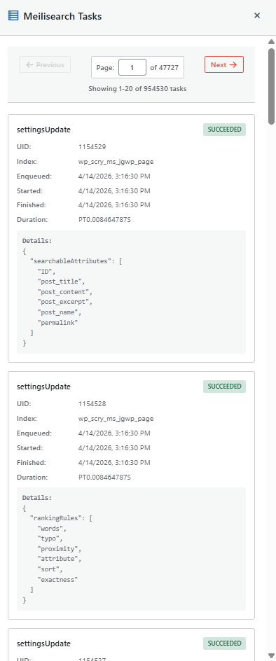 The task log pane for showing Meilisearch tasks, provided by Scry Search.
